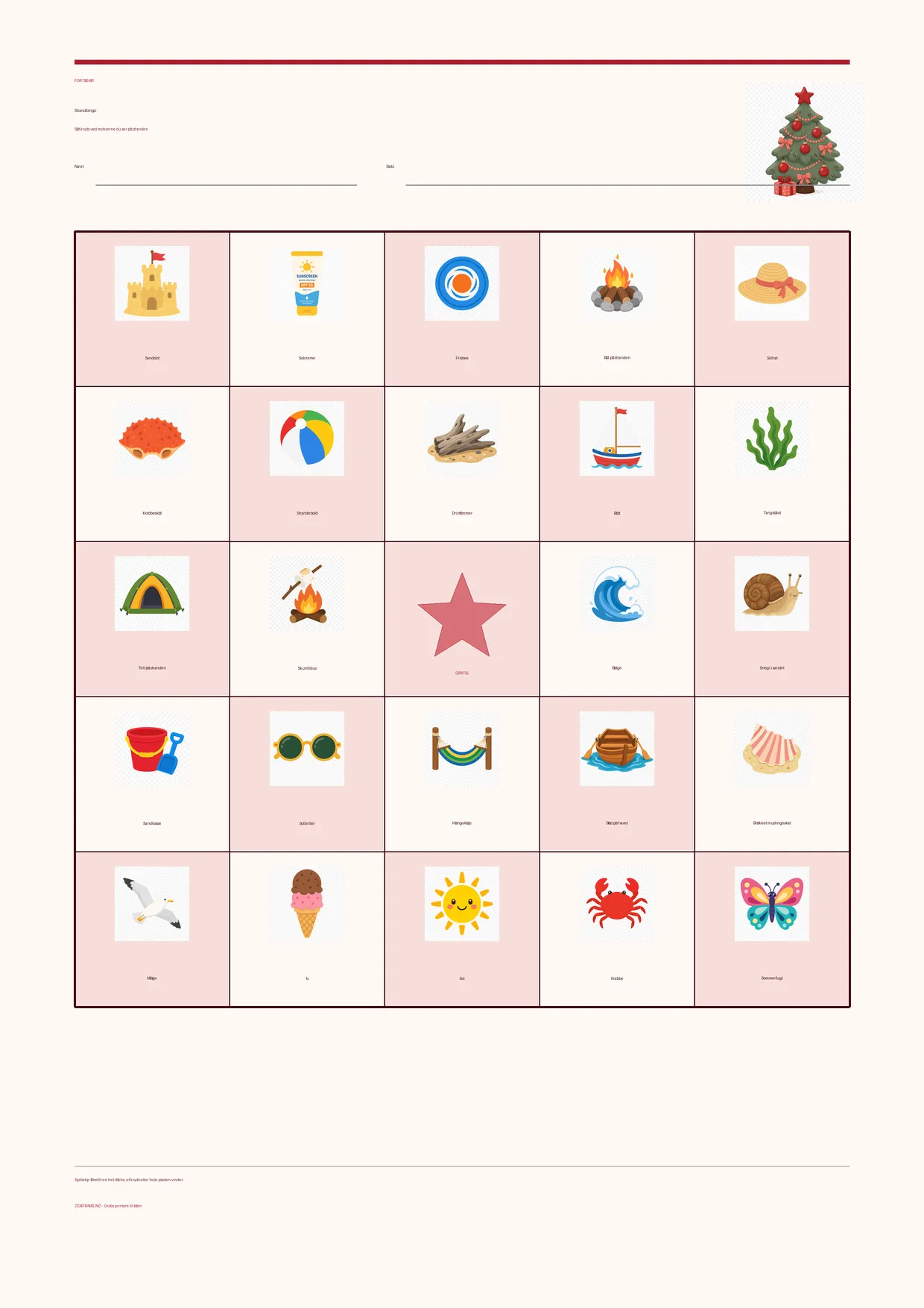 Strandbingo for børn 7–9 år – Jul-tema – gratis printbar A4-plade