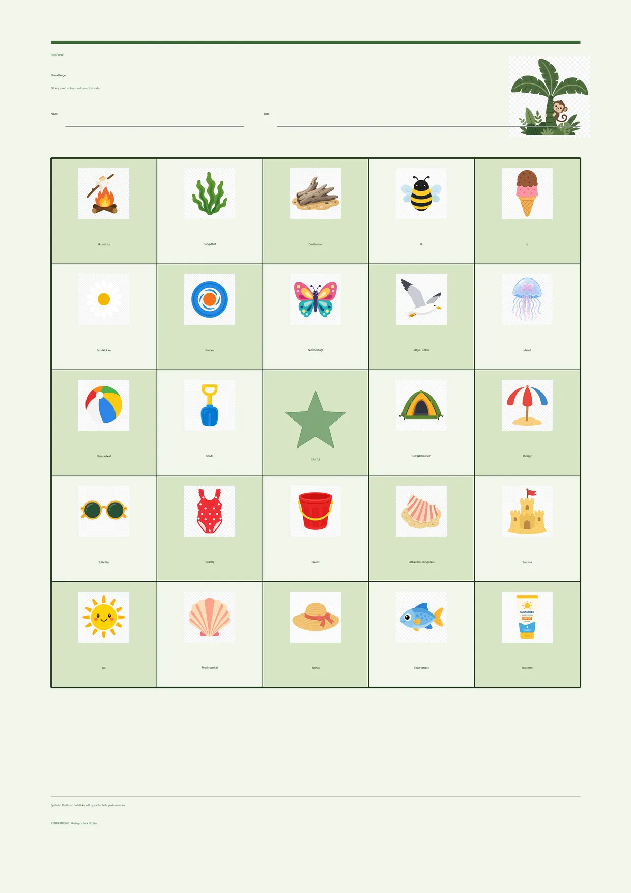 Strandbingo for børn 7–9 år – Jungle-tema – gratis printbar A4-plade