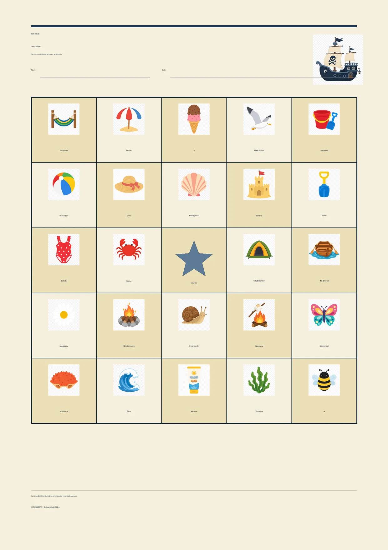 Strandbingo for børn 7–9 år – Pirat-tema – gratis printbar A4-plade