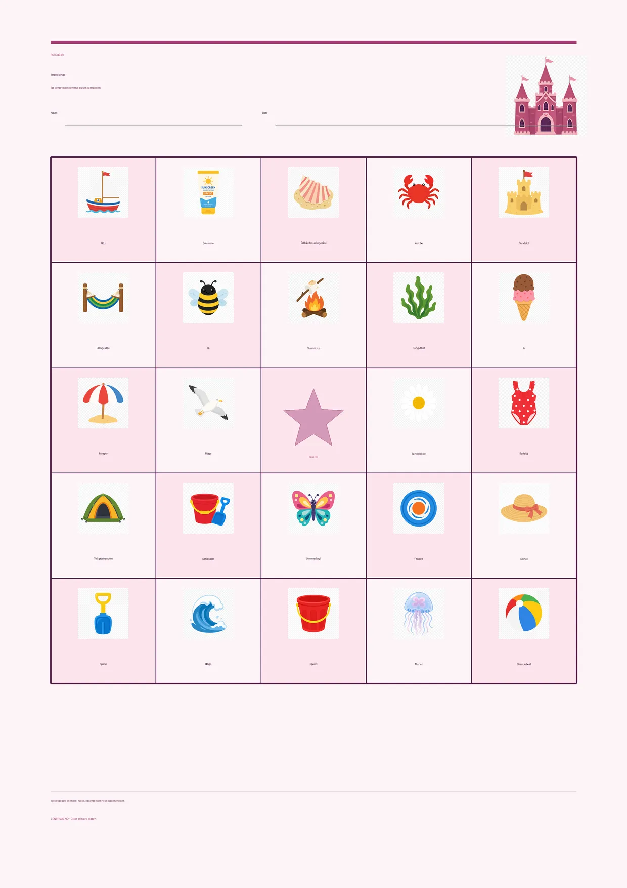 Strandbingo for børn 7–9 år – Prinsesse-tema – gratis printbar A4-plade