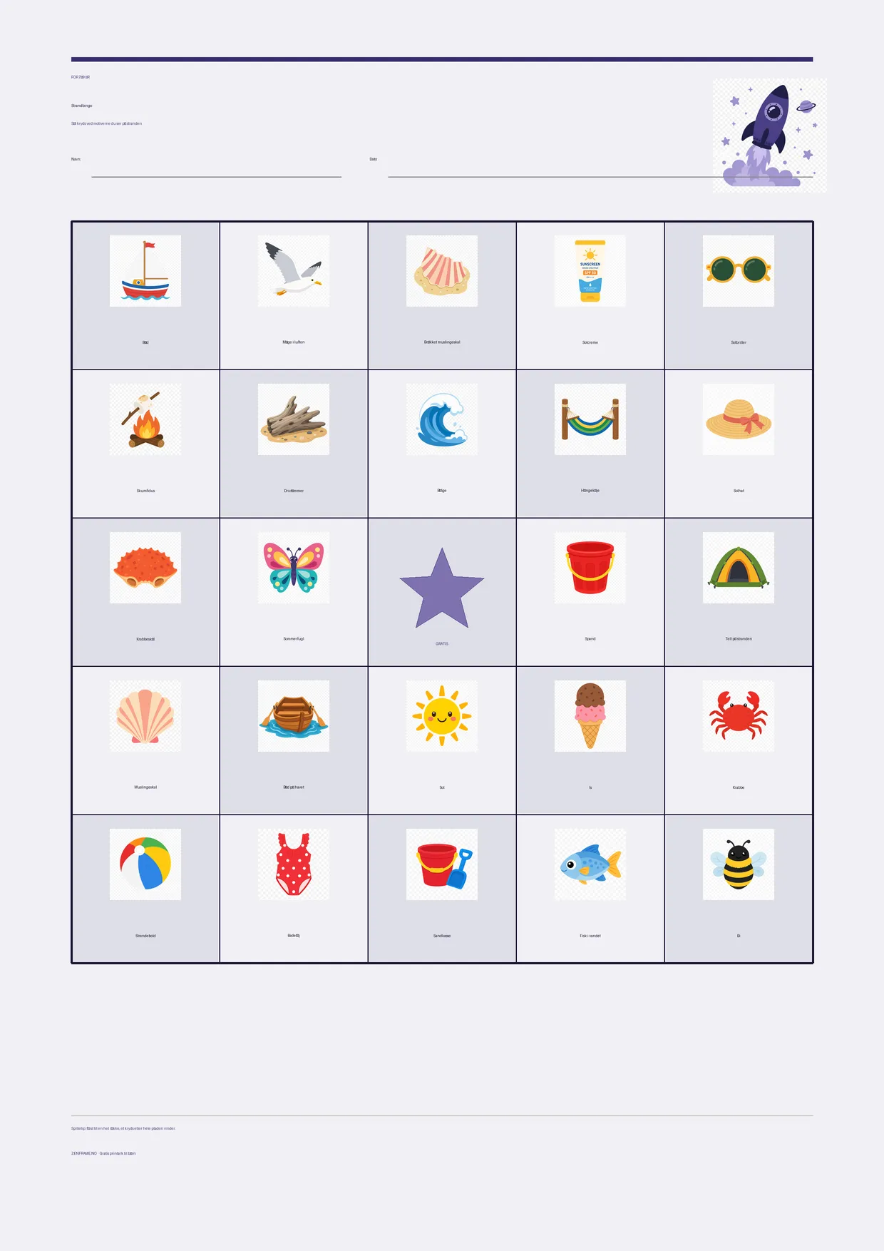 Strandbingo for børn 7–9 år – Rummet-tema – gratis printbar A4-plade