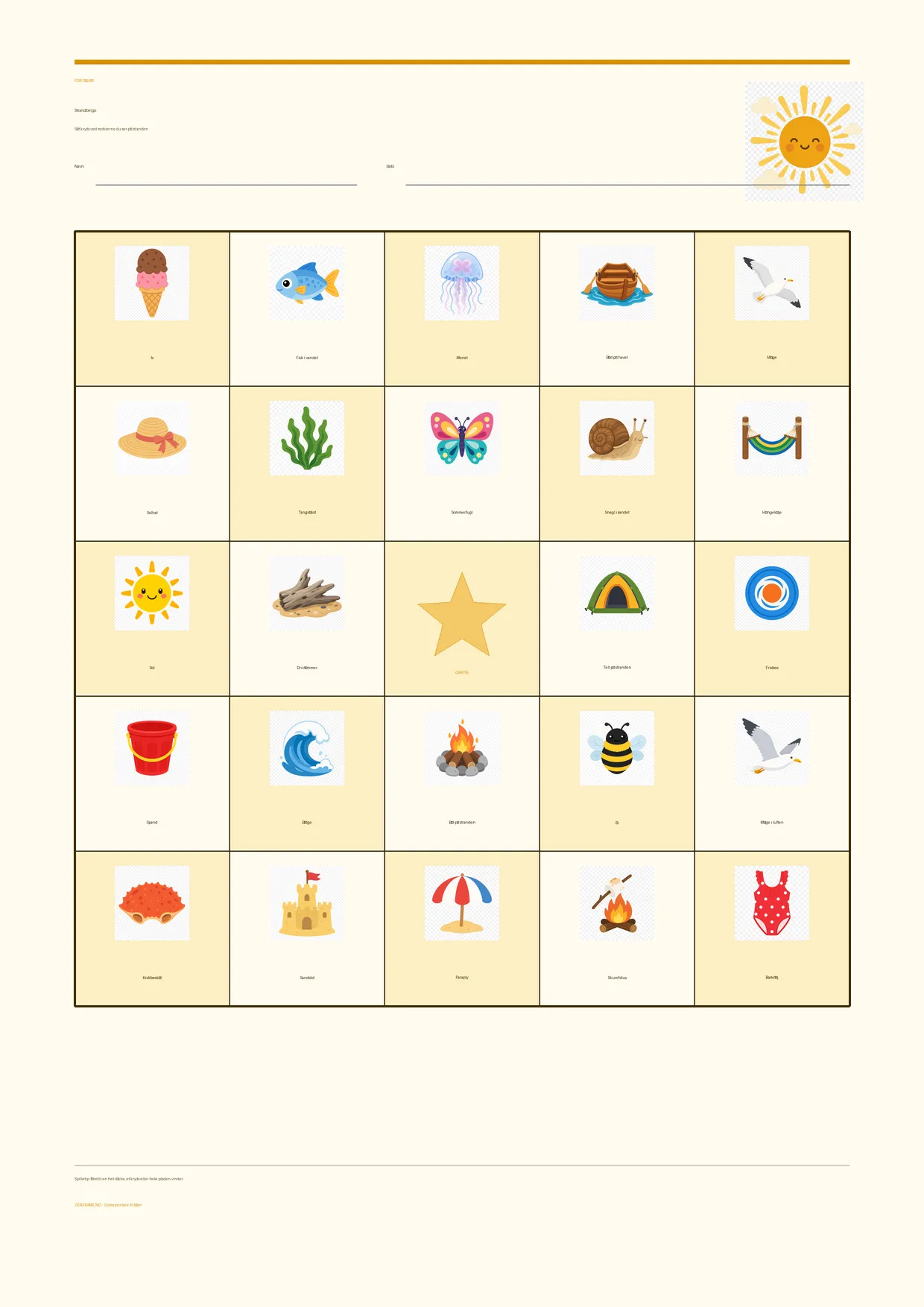 Strandbingo for børn 7–9 år – Sommer-tema – gratis printbar A4-plade