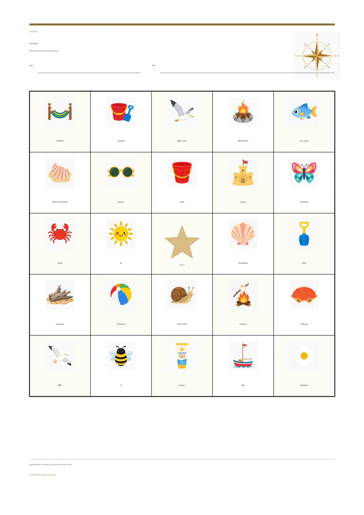 Strandbingo for børn 7–9 år – gratis printbar A4-plade