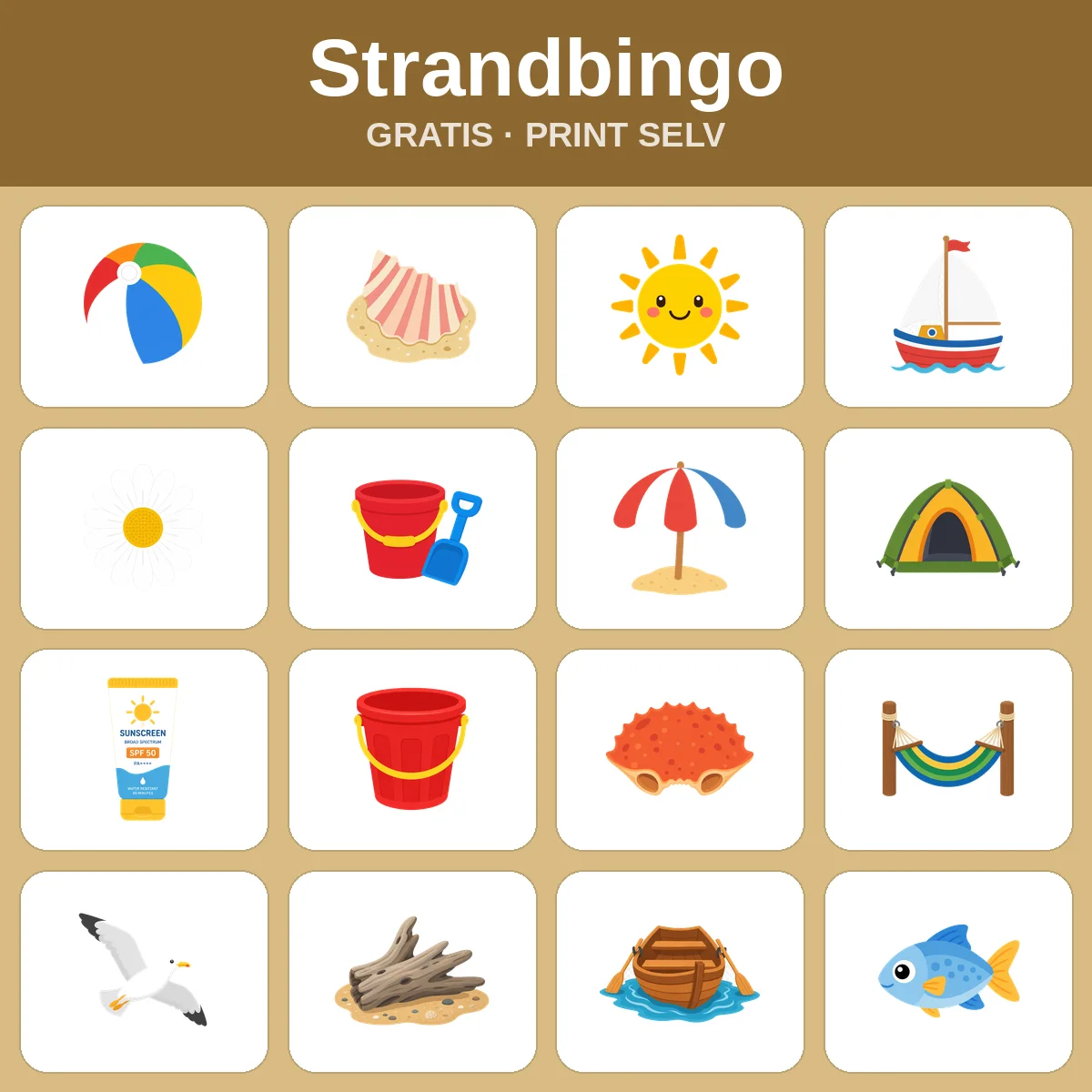 Strandbingo – gratis bingo til print for børn