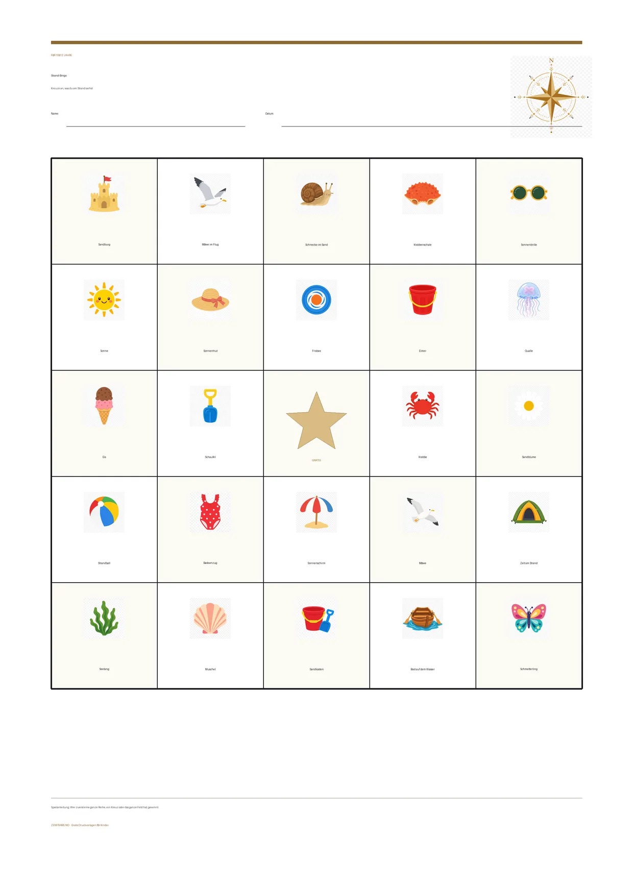 Strand-Bingo für Kinder 10–12 Jahre – kostenlose A4-Vorlage zum Ausdrucken