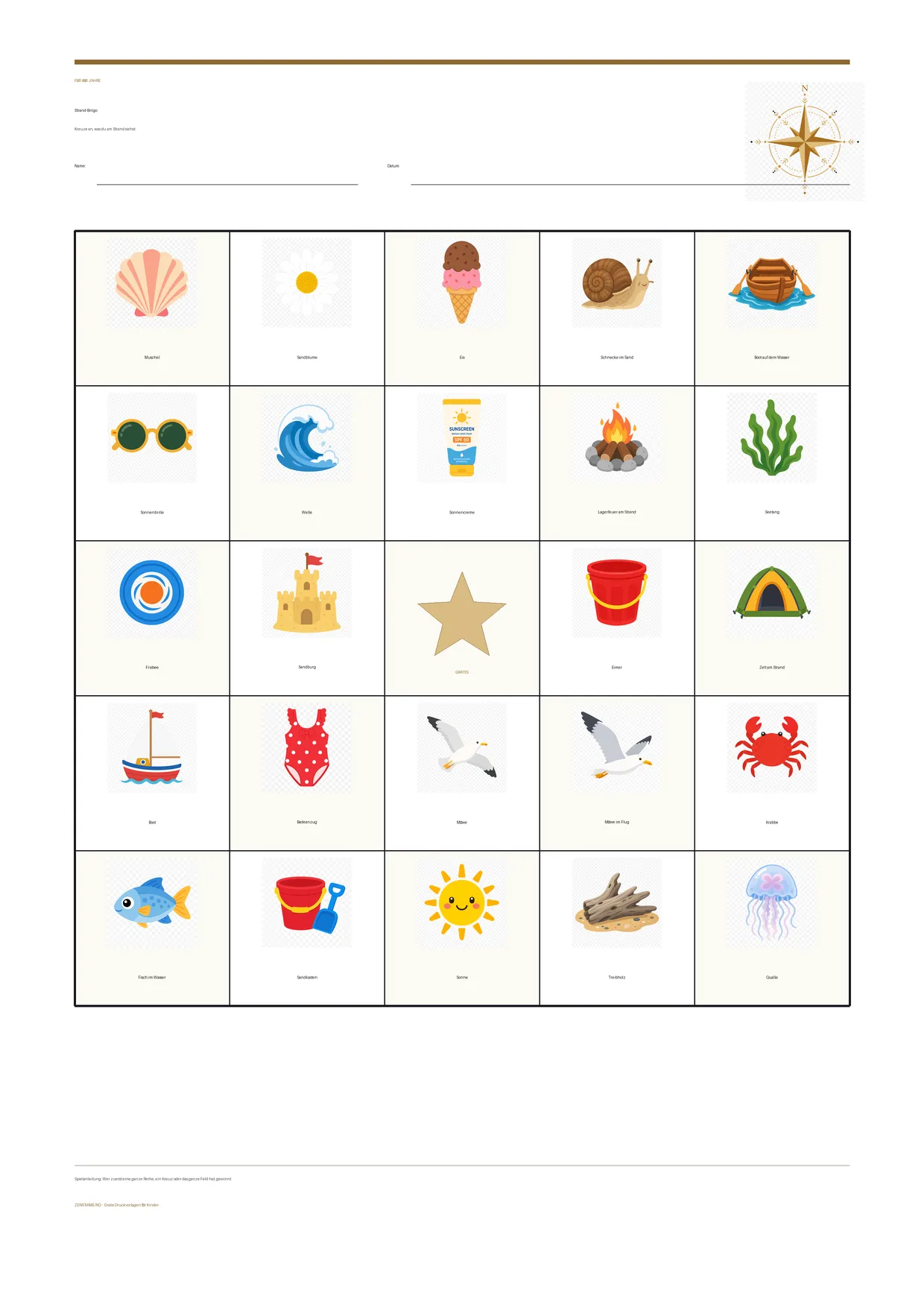 Strand-Bingo für Kinder 4–6 Jahre – kostenlose A4-Vorlage zum Ausdrucken