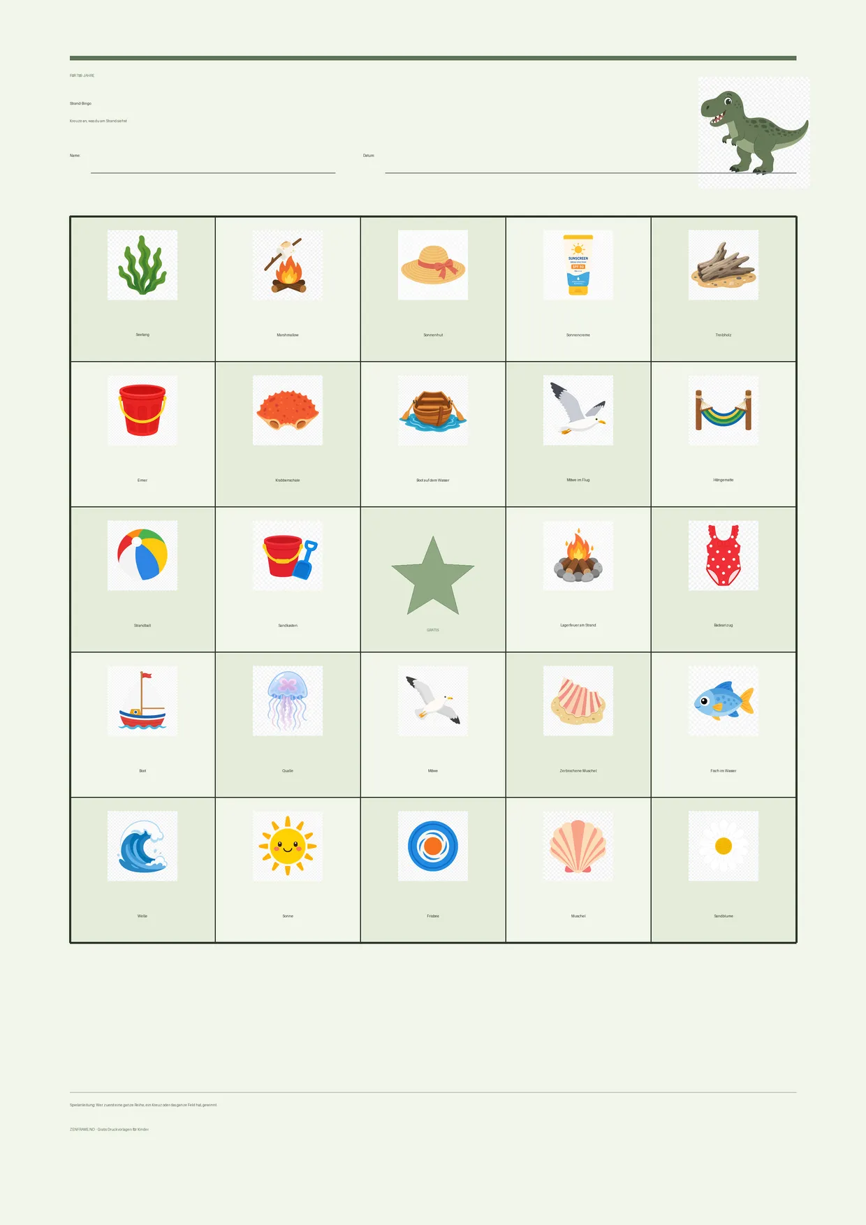Strand-Bingo für Kinder 7–9 Jahre – Dinosaurier-Design – kostenlose A4-Vorlage zum Ausdrucken