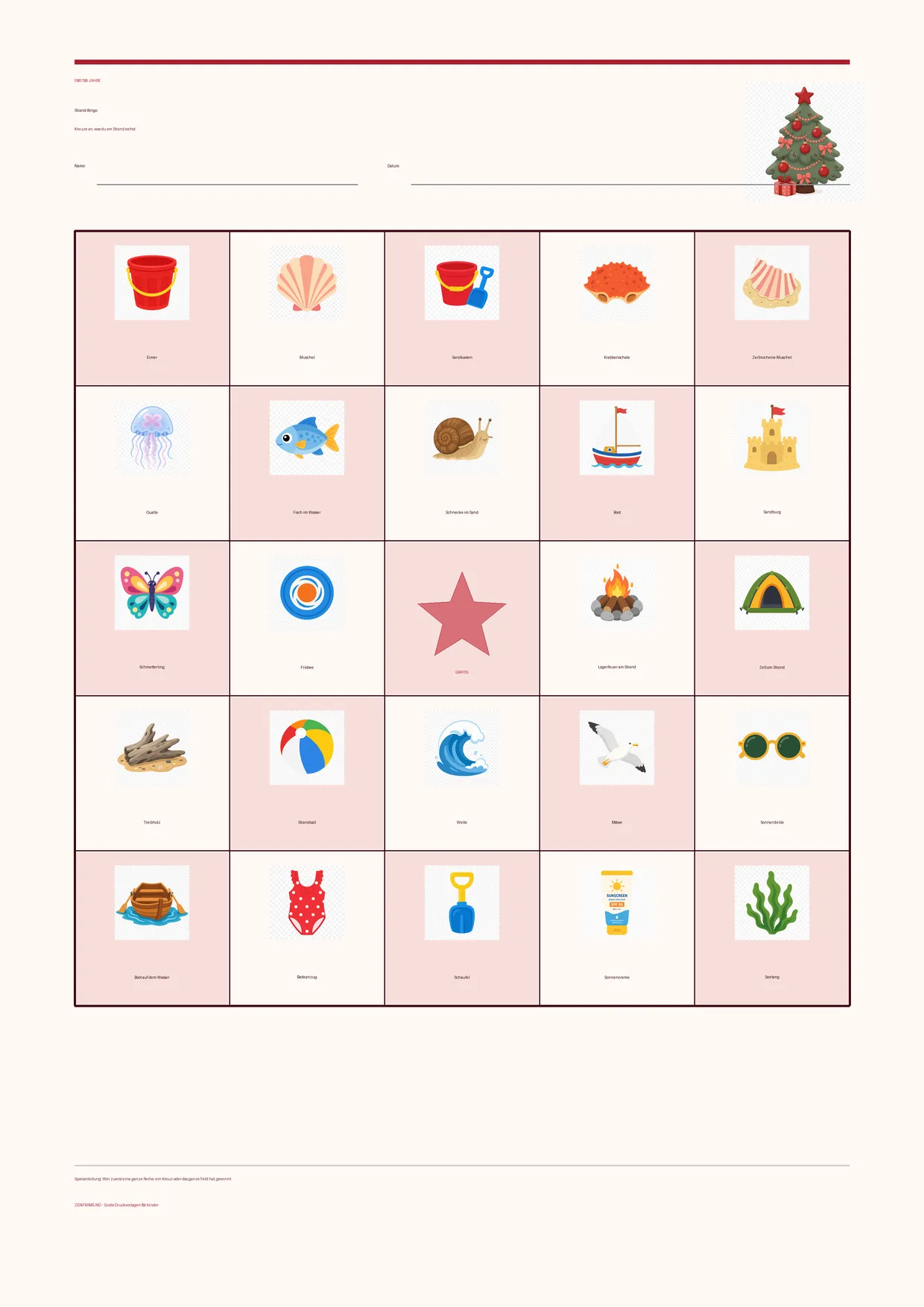 Strand-Bingo für Kinder 7–9 Jahre – Weihnachten-Design – kostenlose A4-Vorlage zum Ausdrucken