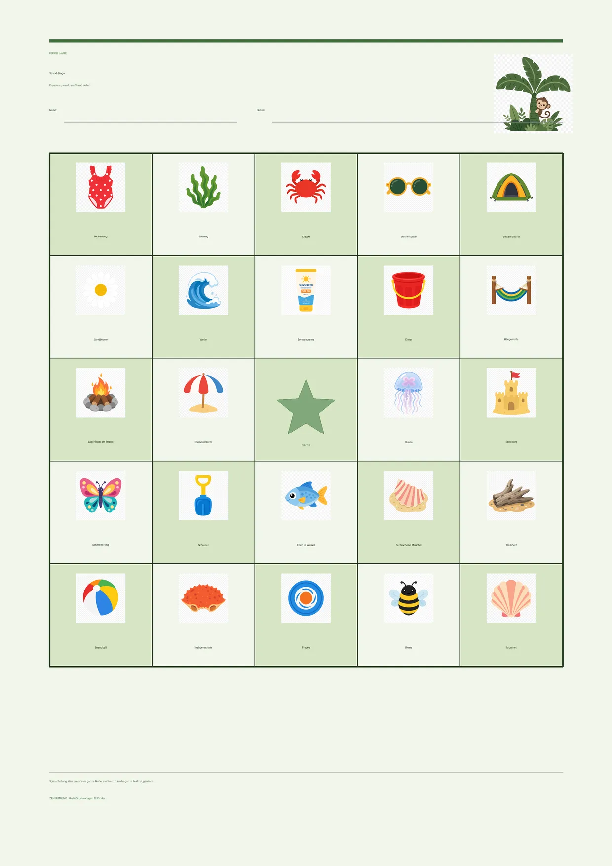 Strand-Bingo für Kinder 7–9 Jahre – Dschungel-Design – kostenlose A4-Vorlage zum Ausdrucken