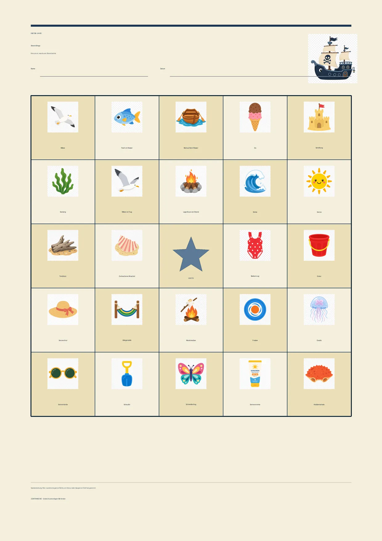 Strand-Bingo für Kinder 7–9 Jahre – Pirat-Design – kostenlose A4-Vorlage zum Ausdrucken
