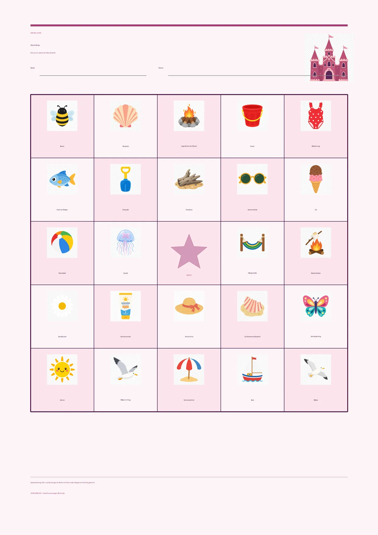 Strand-Bingo für Kinder 7–9 Jahre – Prinzessin-Design – kostenlose A4-Vorlage zum Ausdrucken
