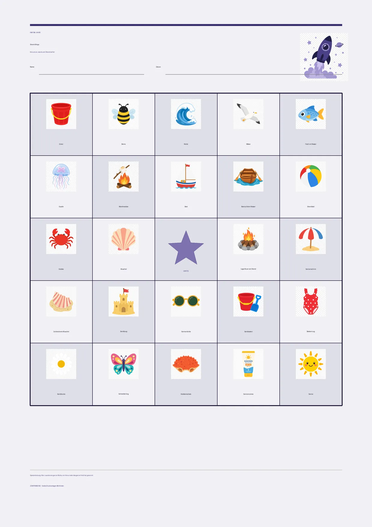 Strand-Bingo für Kinder 7–9 Jahre – Weltraum-Design – kostenlose A4-Vorlage zum Ausdrucken