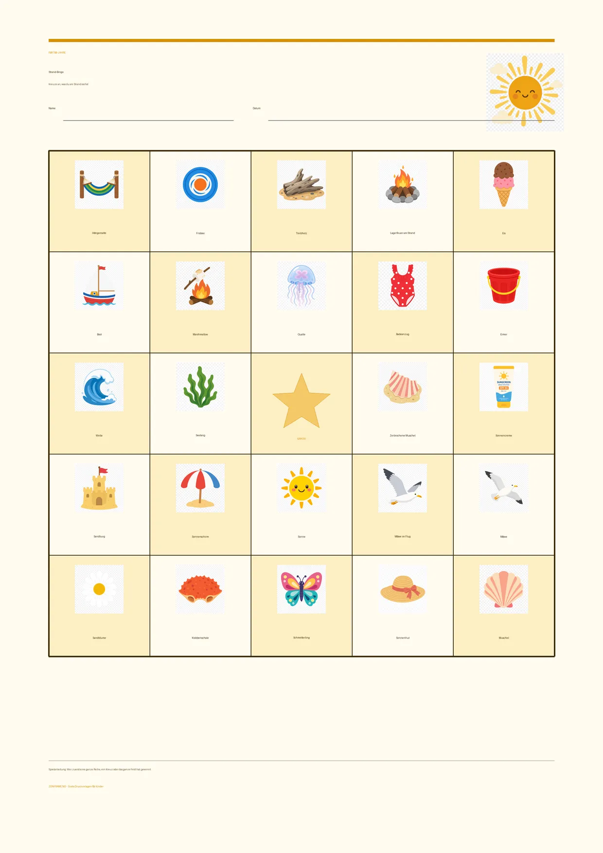 Strand-Bingo für Kinder 7–9 Jahre – Sommer-Design – kostenlose A4-Vorlage zum Ausdrucken
