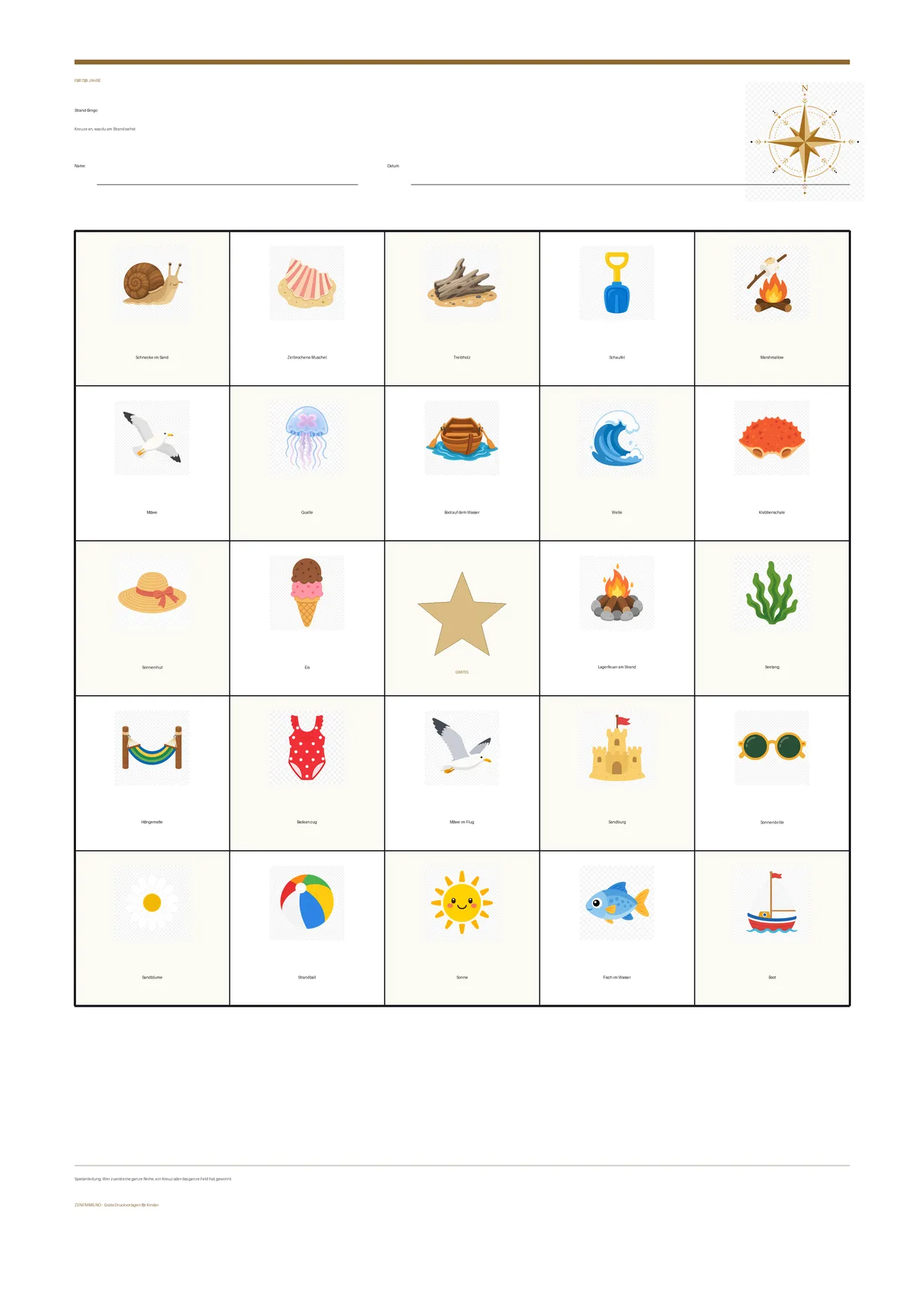 Strand-Bingo für Kinder 7–9 Jahre – kostenlose A4-Vorlage zum Ausdrucken