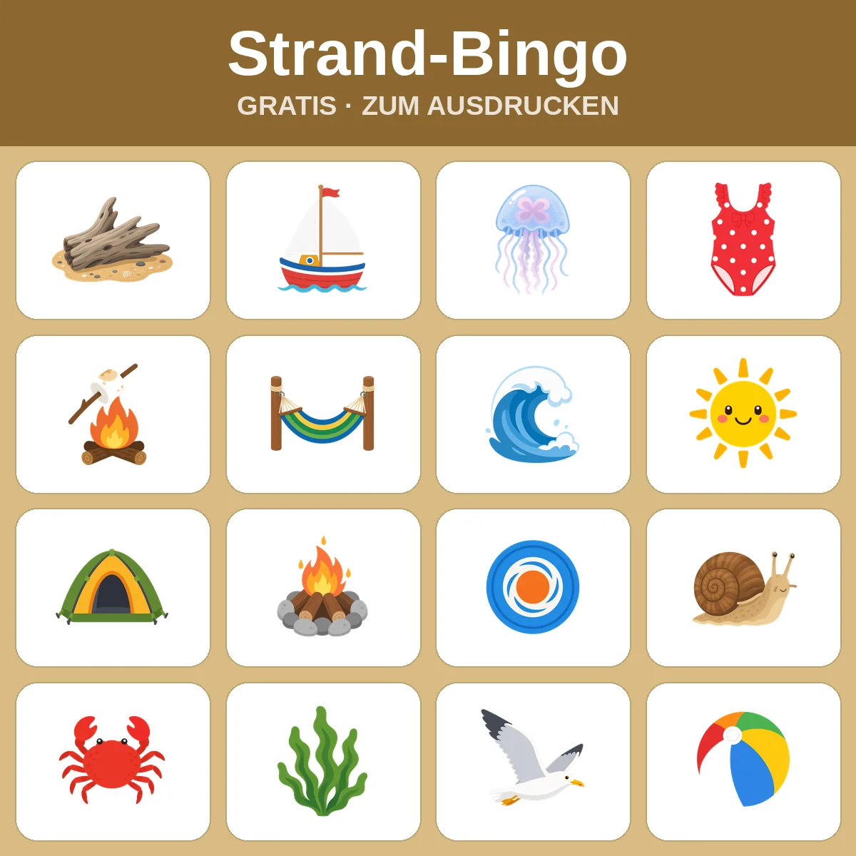 Strand-Bingo – kostenloses Bingo zum Ausdrucken für Kinder