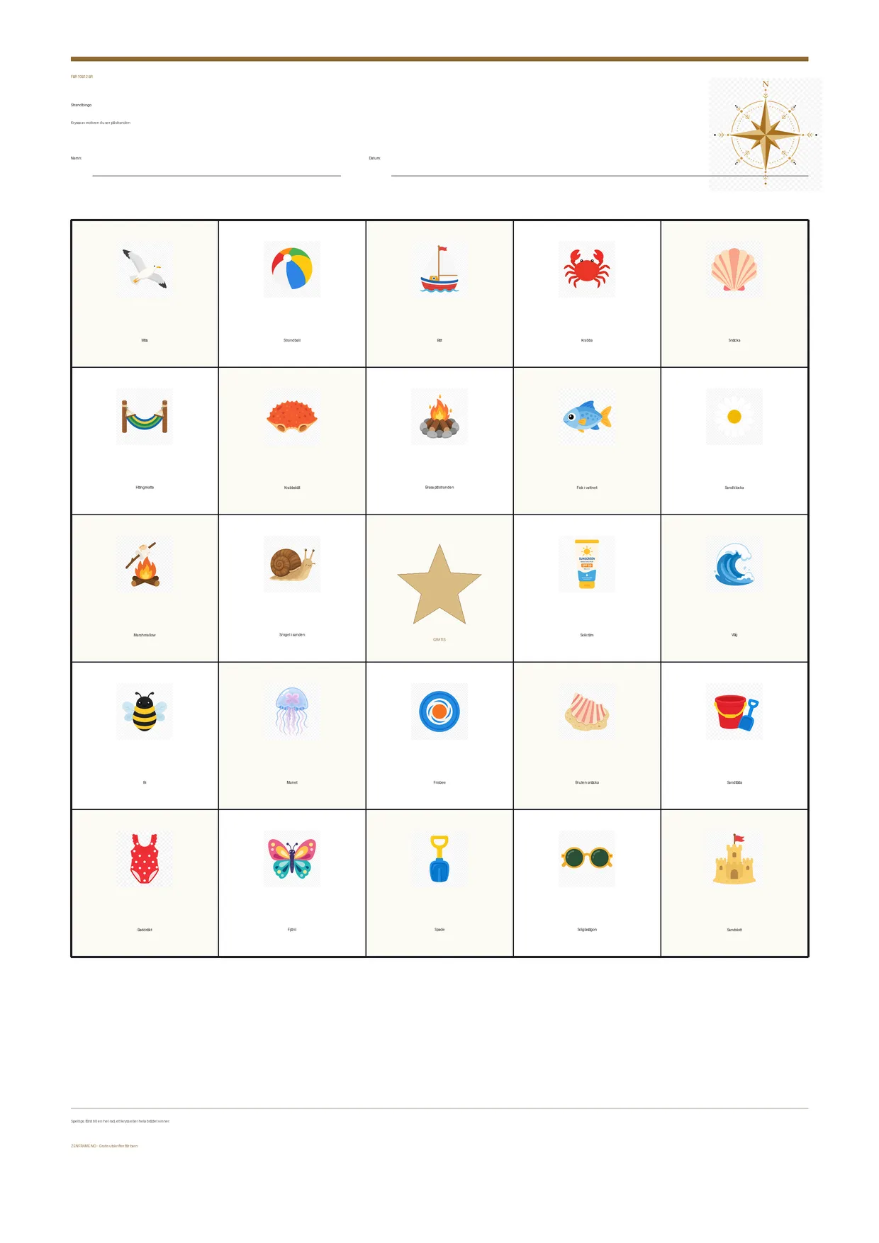 Strandbingo för barn 10–12 år – gratis utskrivbart A4-bräde