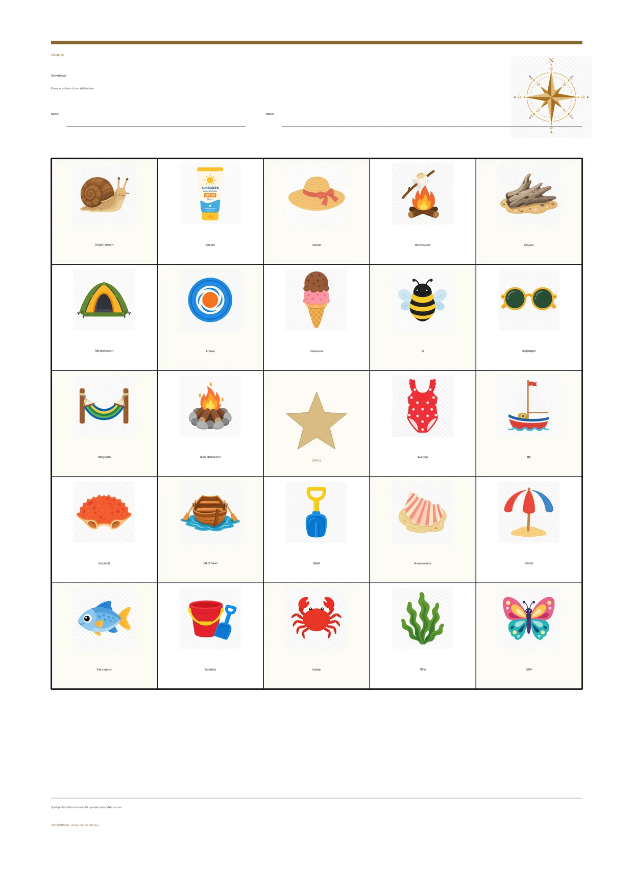 Strandbingo för barn 4–6 år – gratis utskrivbart A4-bräde