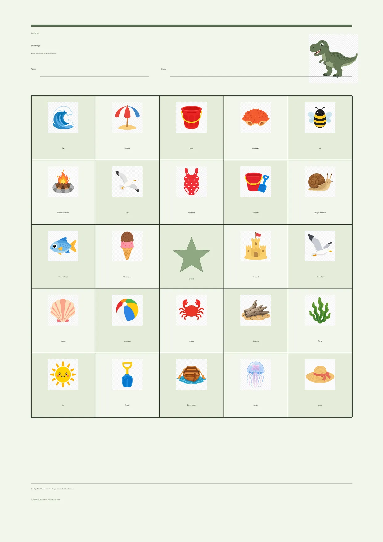 Strandbingo för barn 7–9 år – Dinosaurie-tema – gratis utskrivbart A4-bräde