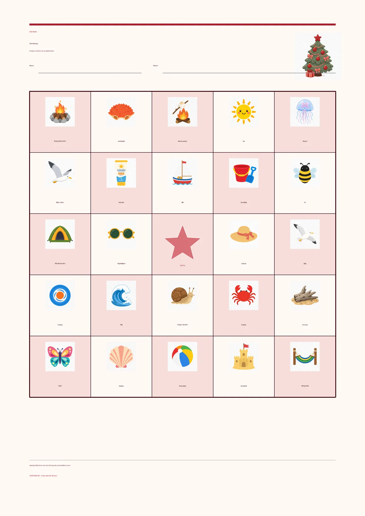 Strandbingo för barn 7–9 år – Jul-tema – gratis utskrivbart A4-bräde