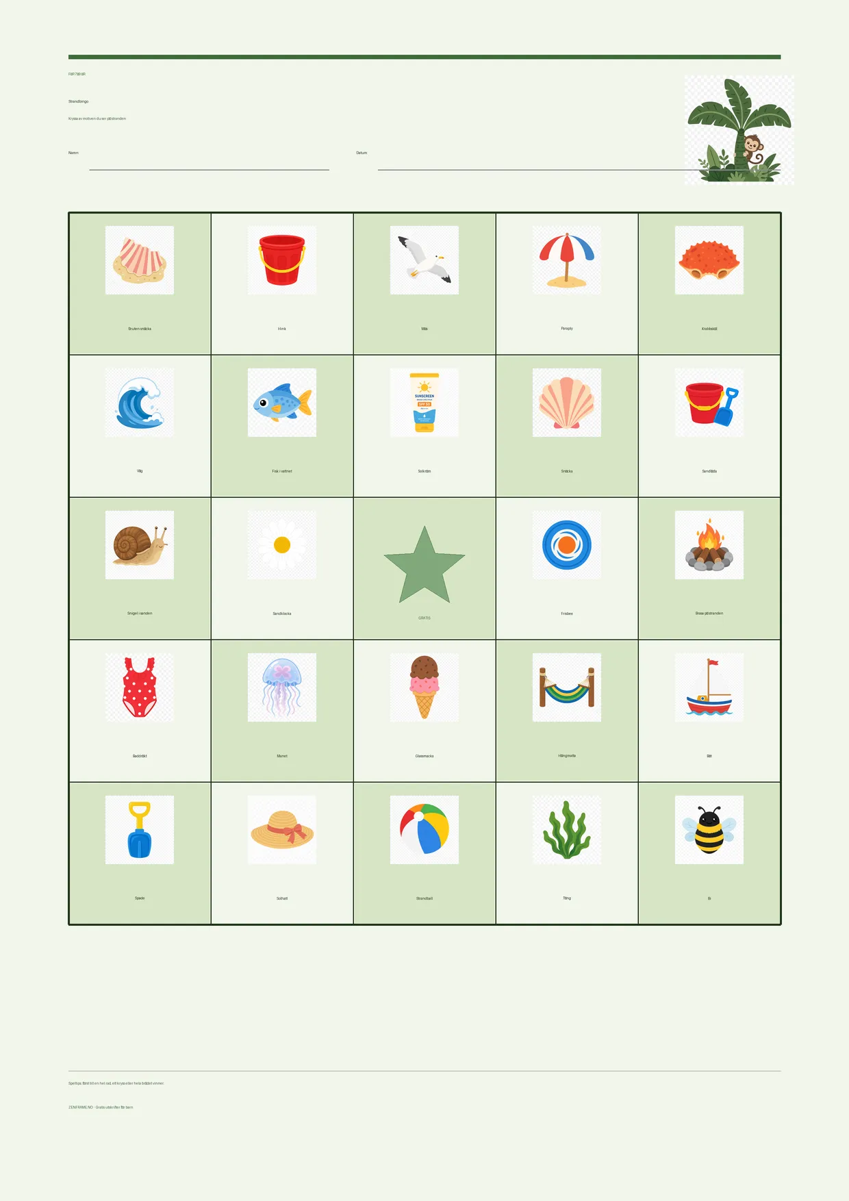Strandbingo för barn 7–9 år – Djungel-tema – gratis utskrivbart A4-bräde