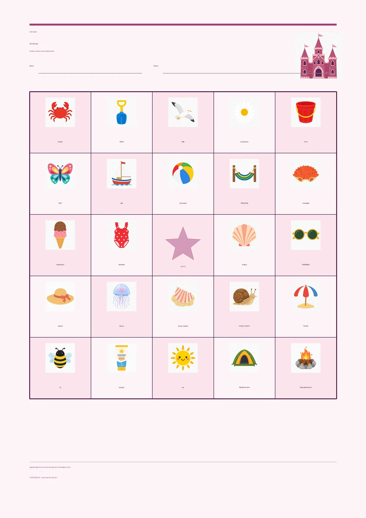 Strandbingo för barn 7–9 år – Prinsessa-tema – gratis utskrivbart A4-bräde
