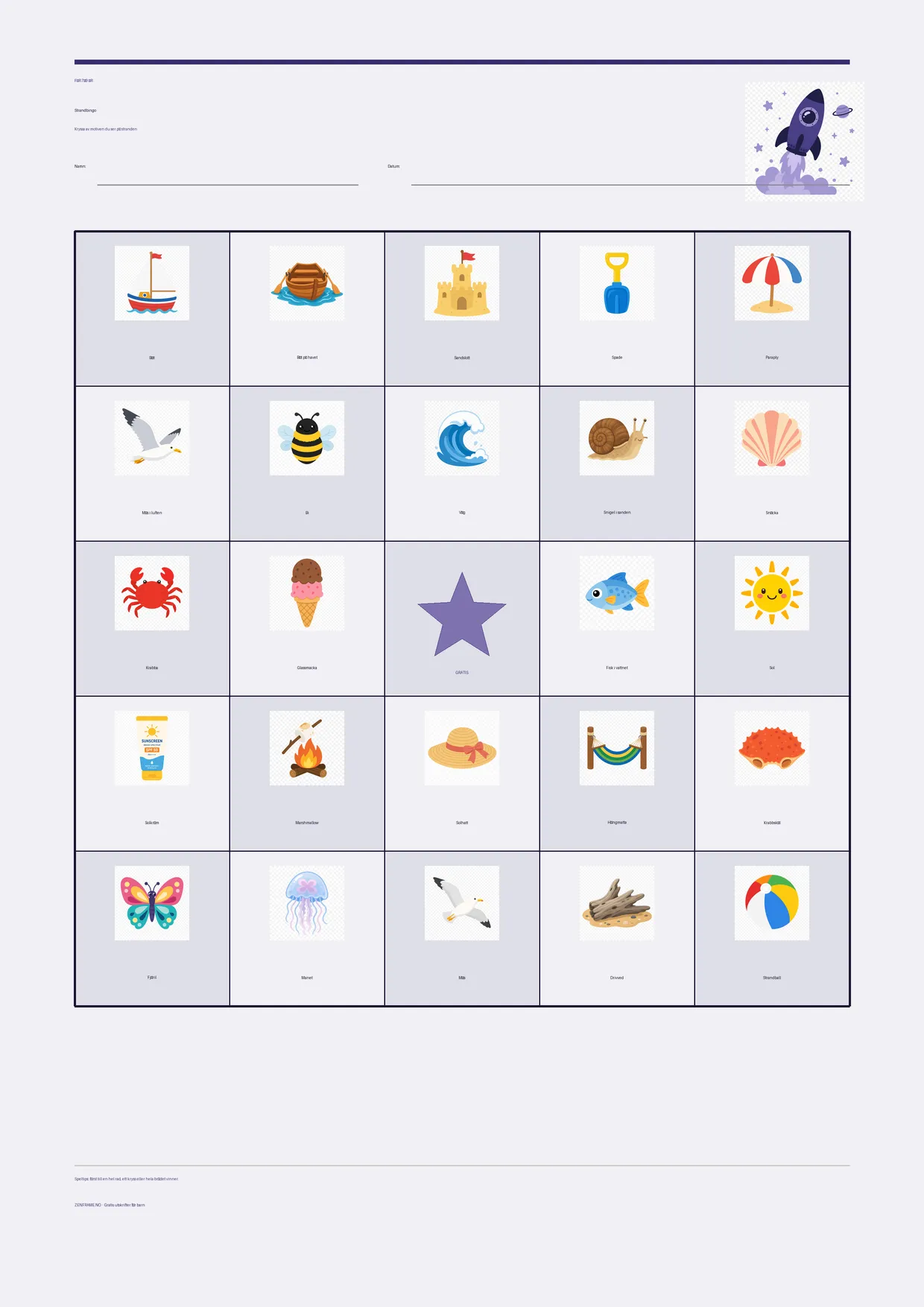 Strandbingo för barn 7–9 år – Rymden-tema – gratis utskrivbart A4-bräde