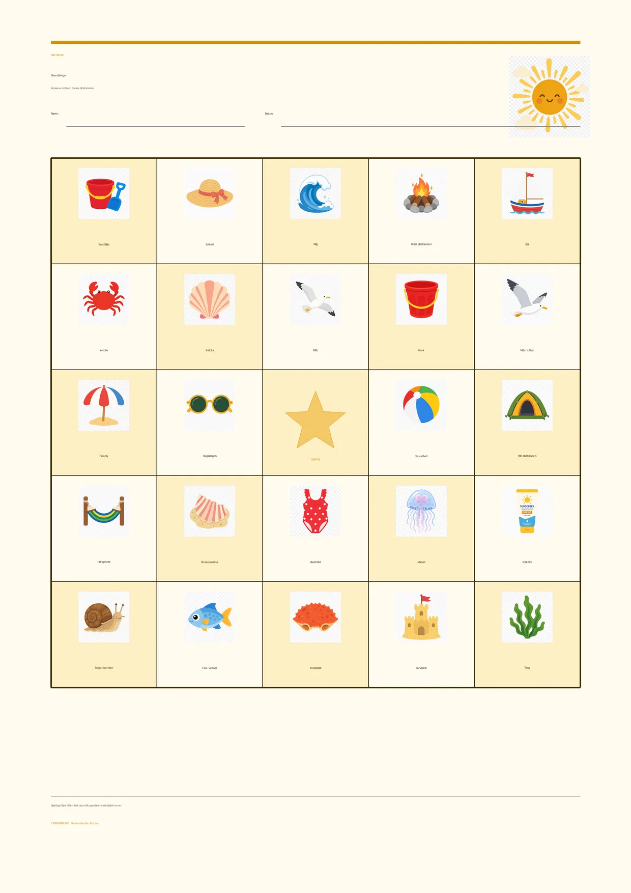 Strandbingo för barn 7–9 år – Sommar-tema – gratis utskrivbart A4-bräde