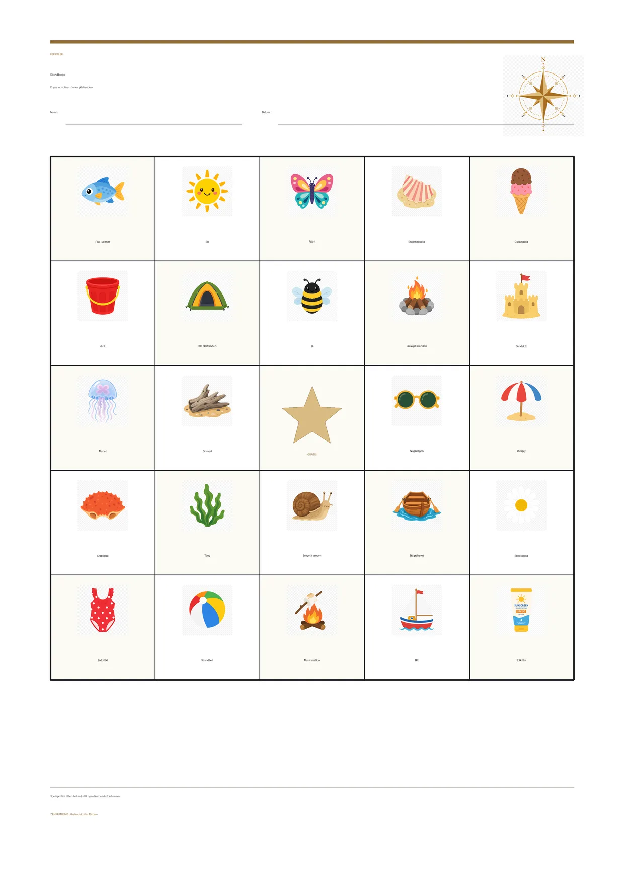 Strandbingo för barn 7–9 år – gratis utskrivbart A4-bräde