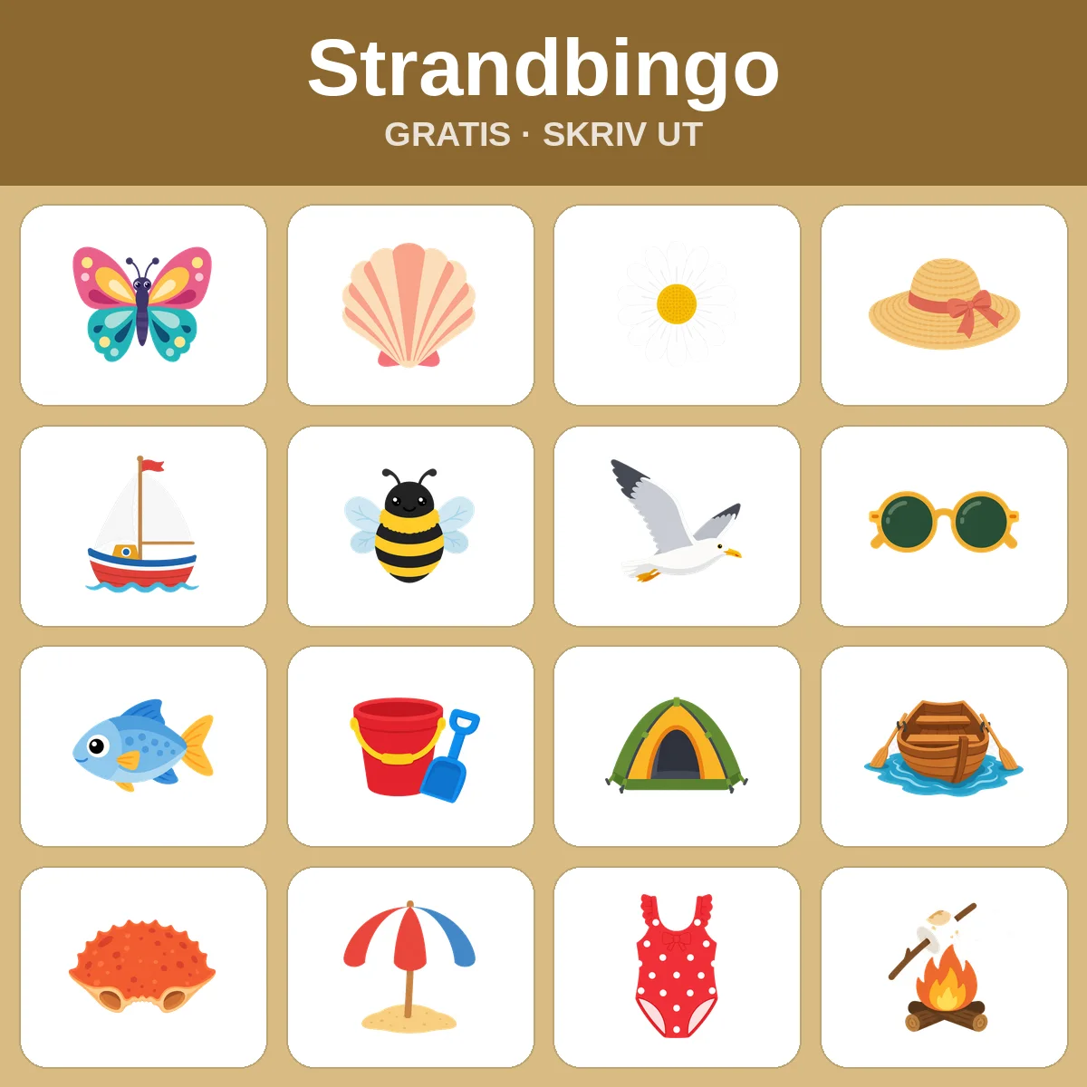 Strandbingo – gratis bingo att skriva ut för barn