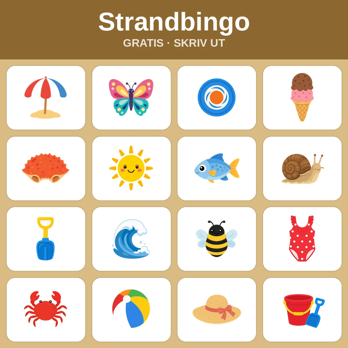 Strandbingo – gratis bingo til utskrift for barn