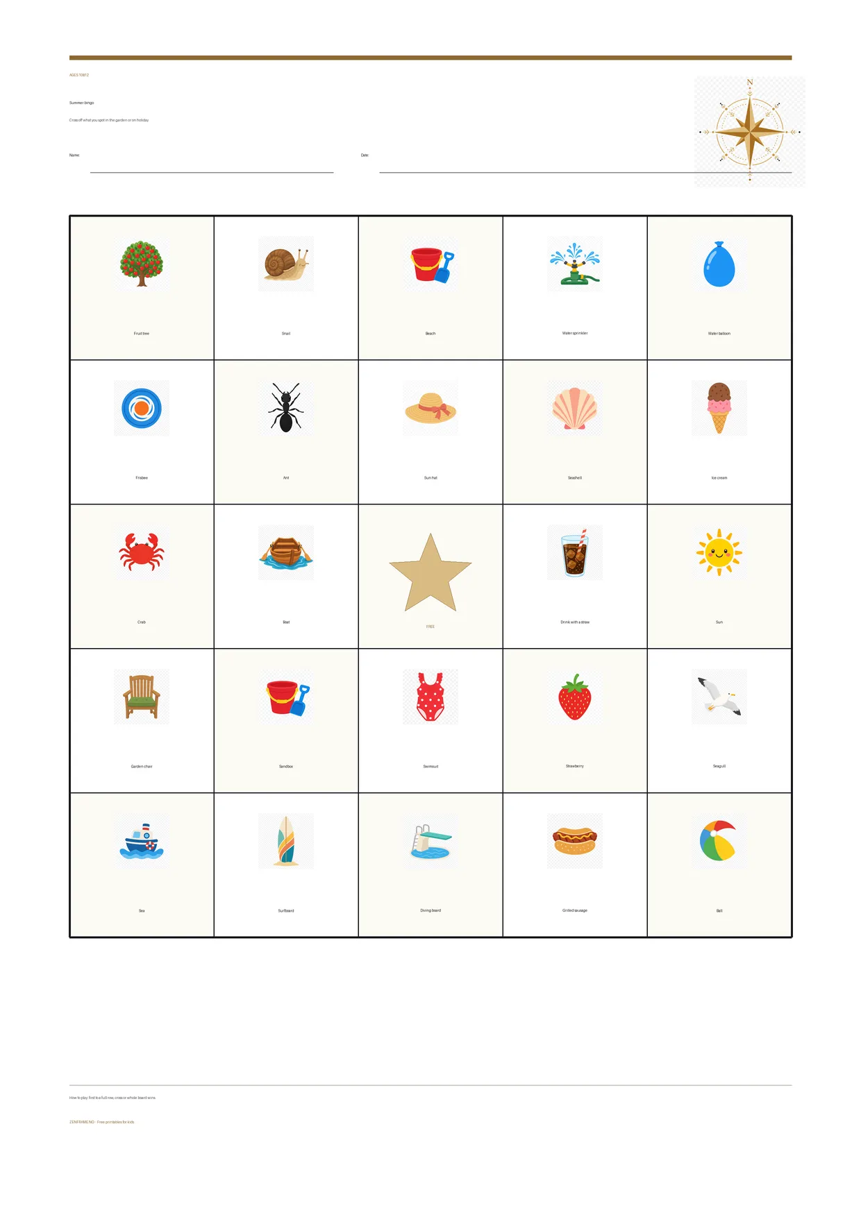 Summer bingo for kids ages 10–12 – free printable A4 board
