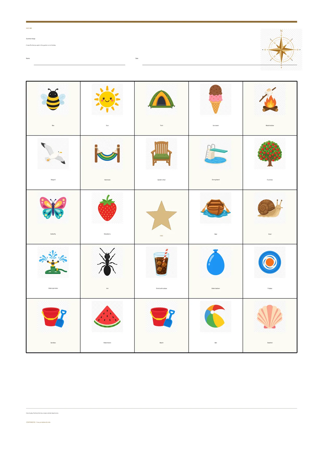 Summer bingo for kids ages 4–6 – free printable A4 board