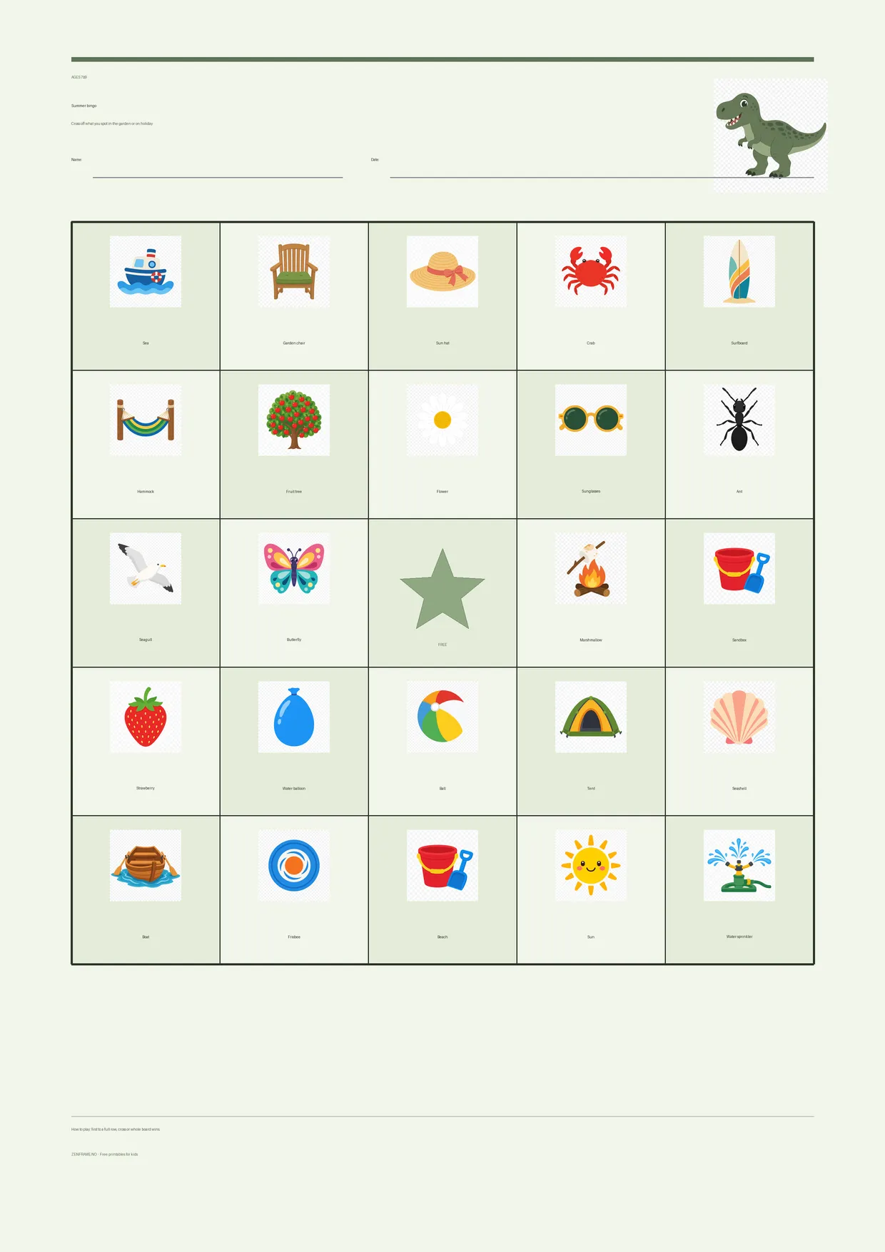 Summer bingo for kids ages 7–9 – Dinosaur theme – free printable A4 board