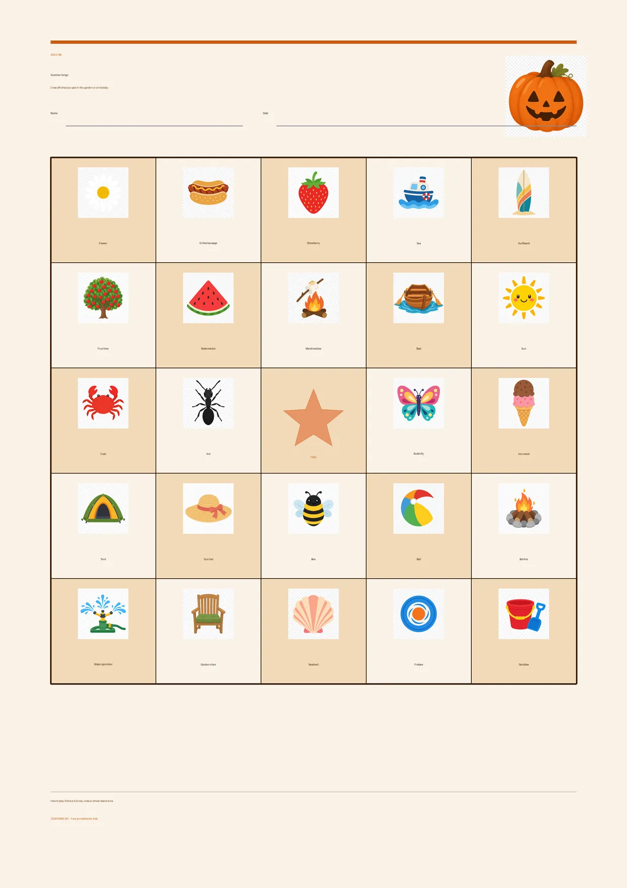 Summer bingo for kids ages 7–9 – Halloween theme – free printable A4 board