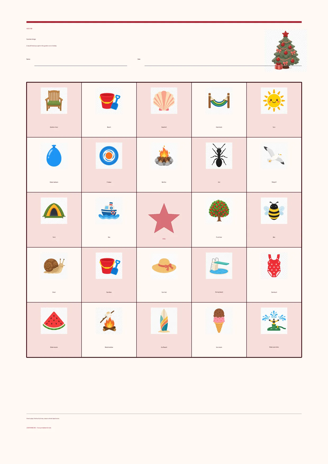 Summer bingo for kids ages 7–9 – Christmas theme – free printable A4 board