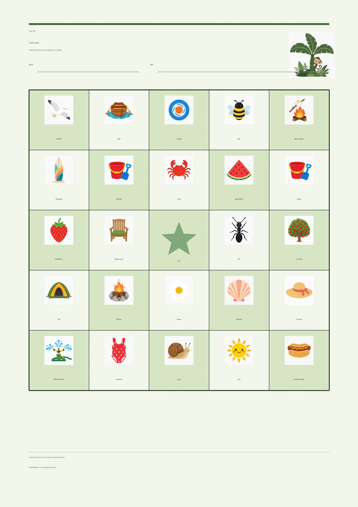 Summer bingo for kids ages 7–9 – Jungle theme – free printable A4 board