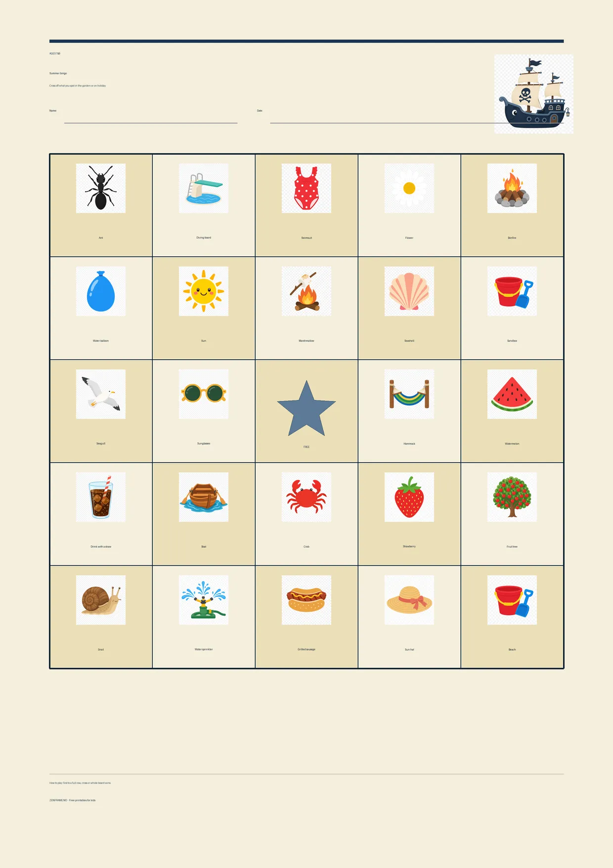 Summer bingo for kids ages 7–9 – Pirate theme – free printable A4 board