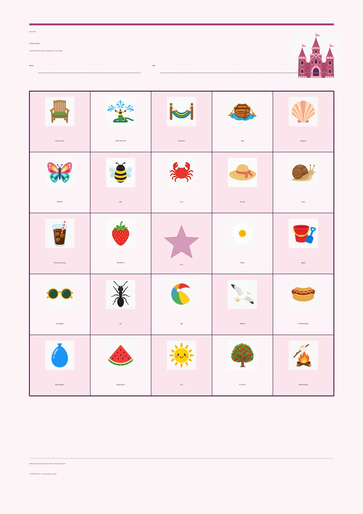 Summer bingo for kids ages 7–9 – Princess theme – free printable A4 board