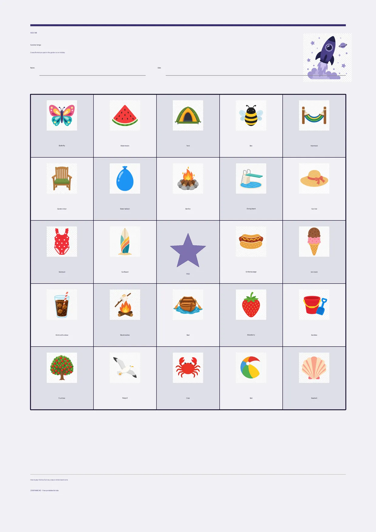 Summer bingo for kids ages 7–9 – Space theme – free printable A4 board