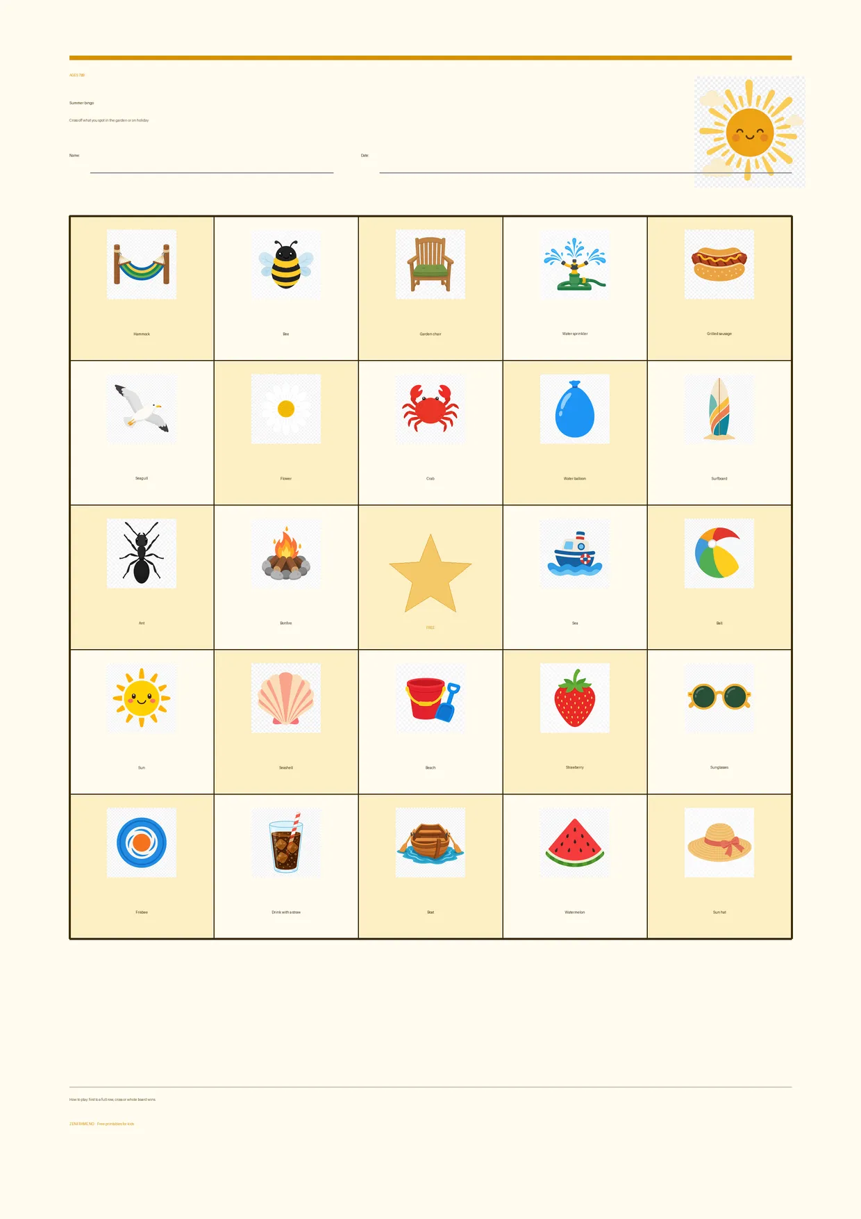 Summer bingo for kids ages 7–9 – Summer theme – free printable A4 board