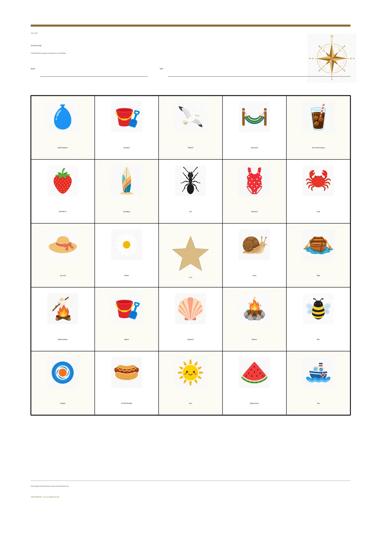 Summer bingo for kids ages 7–9 – free printable A4 board