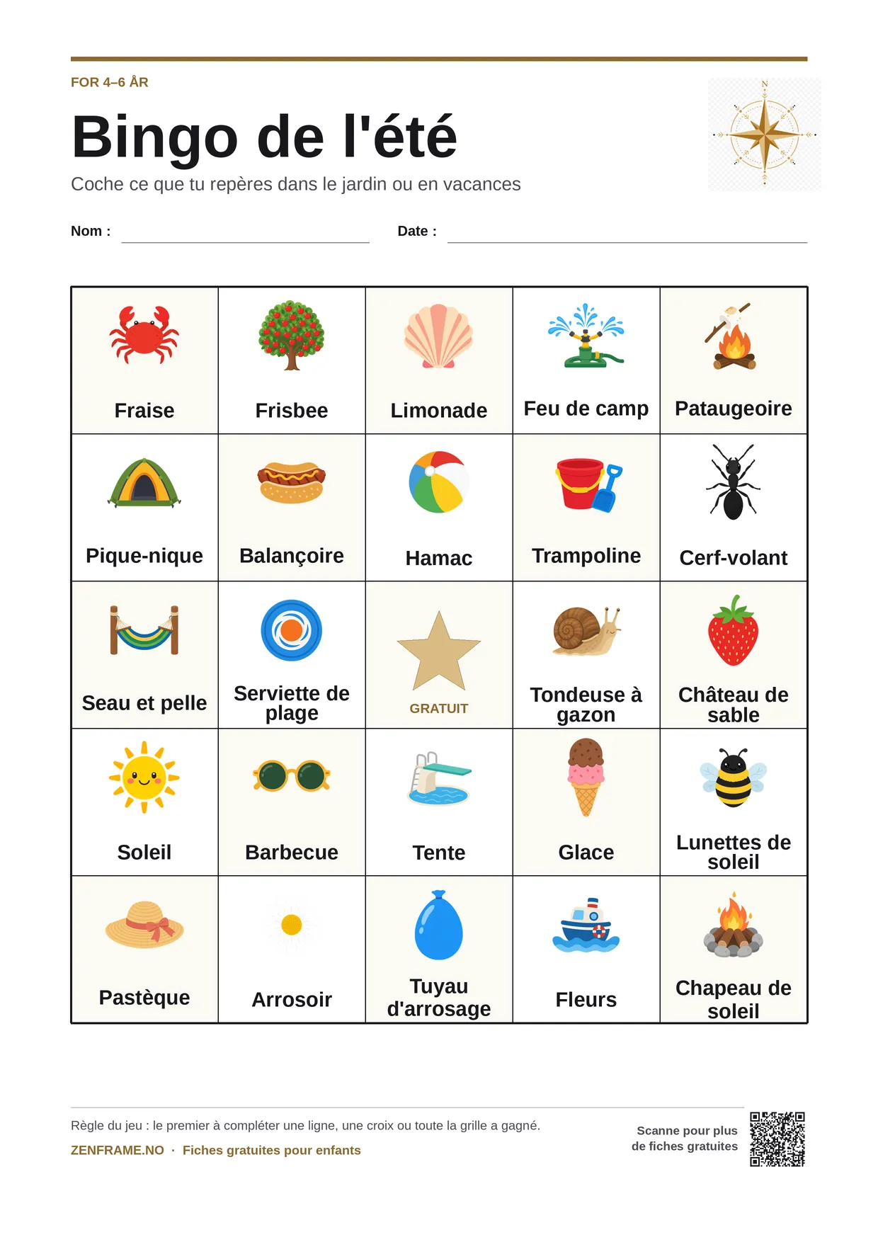 Bingo de l'été pour enfants 4–6 ans – planche A4 gratuite à imprimer