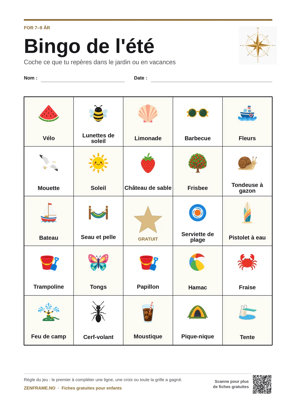 Bingo de l'été pour enfants 7–9 ans – planche A4 gratuite à imprimer