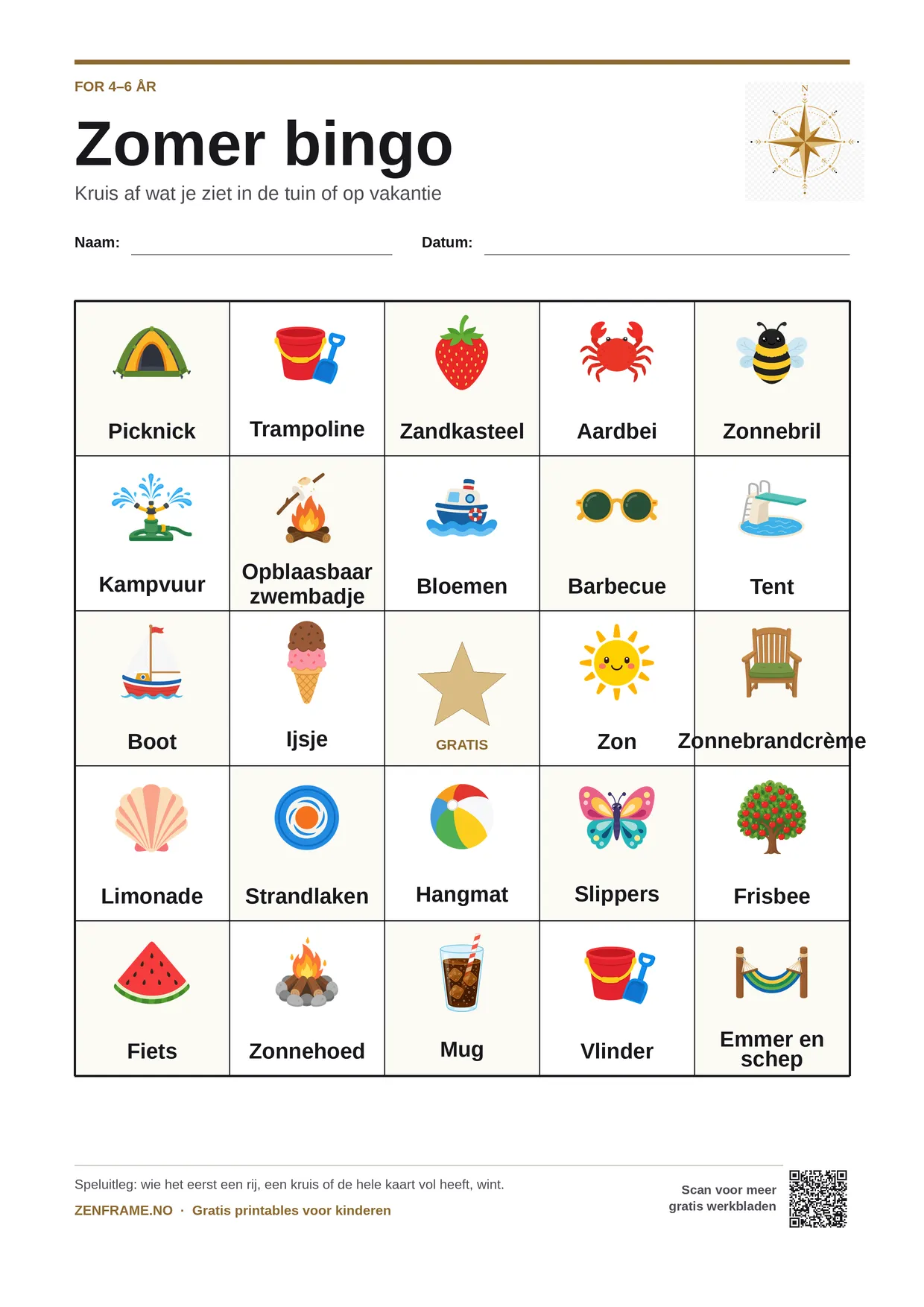 Zomer bingo voor kinderen 4–6 jaar – gratis printbare A4-kaart
