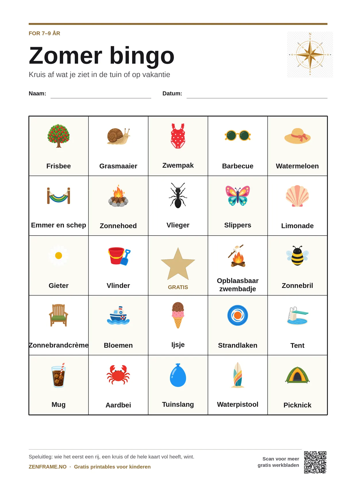 Zomer bingo voor kinderen 7–9 jaar – gratis printbare A4-kaart