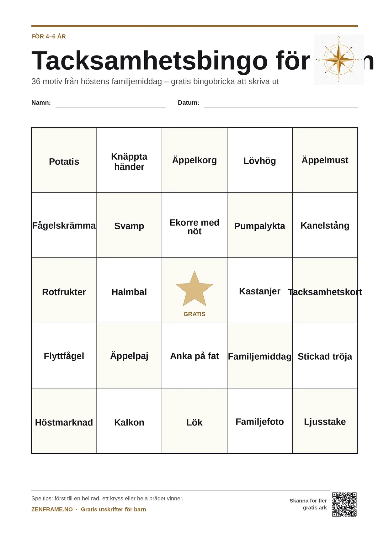 Tacksamhetsbingo för barn 4–6 år – gratis utskrivbart A4-bräde