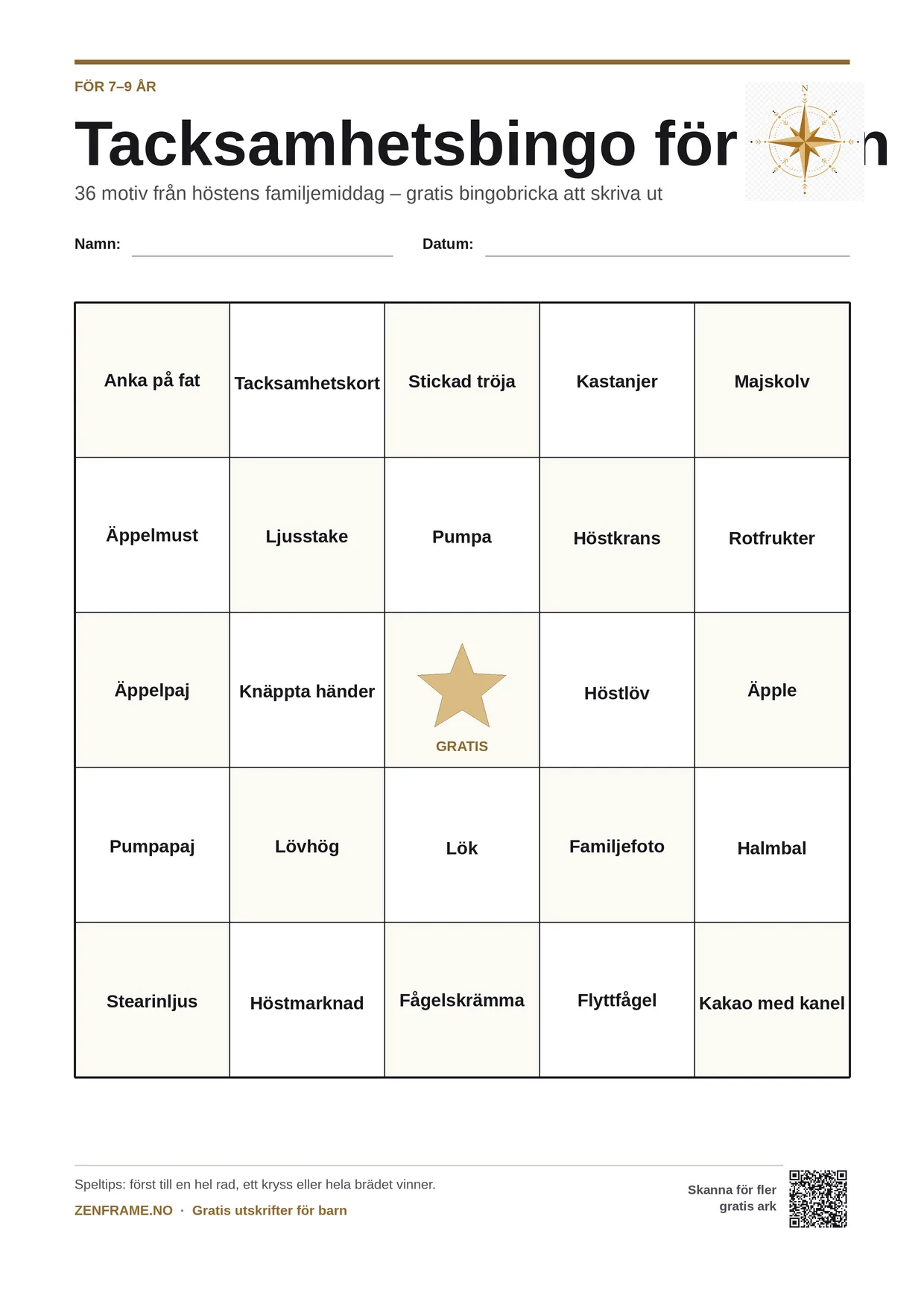 Tacksamhetsbingo för barn 7–9 år – gratis utskrivbart A4-bräde