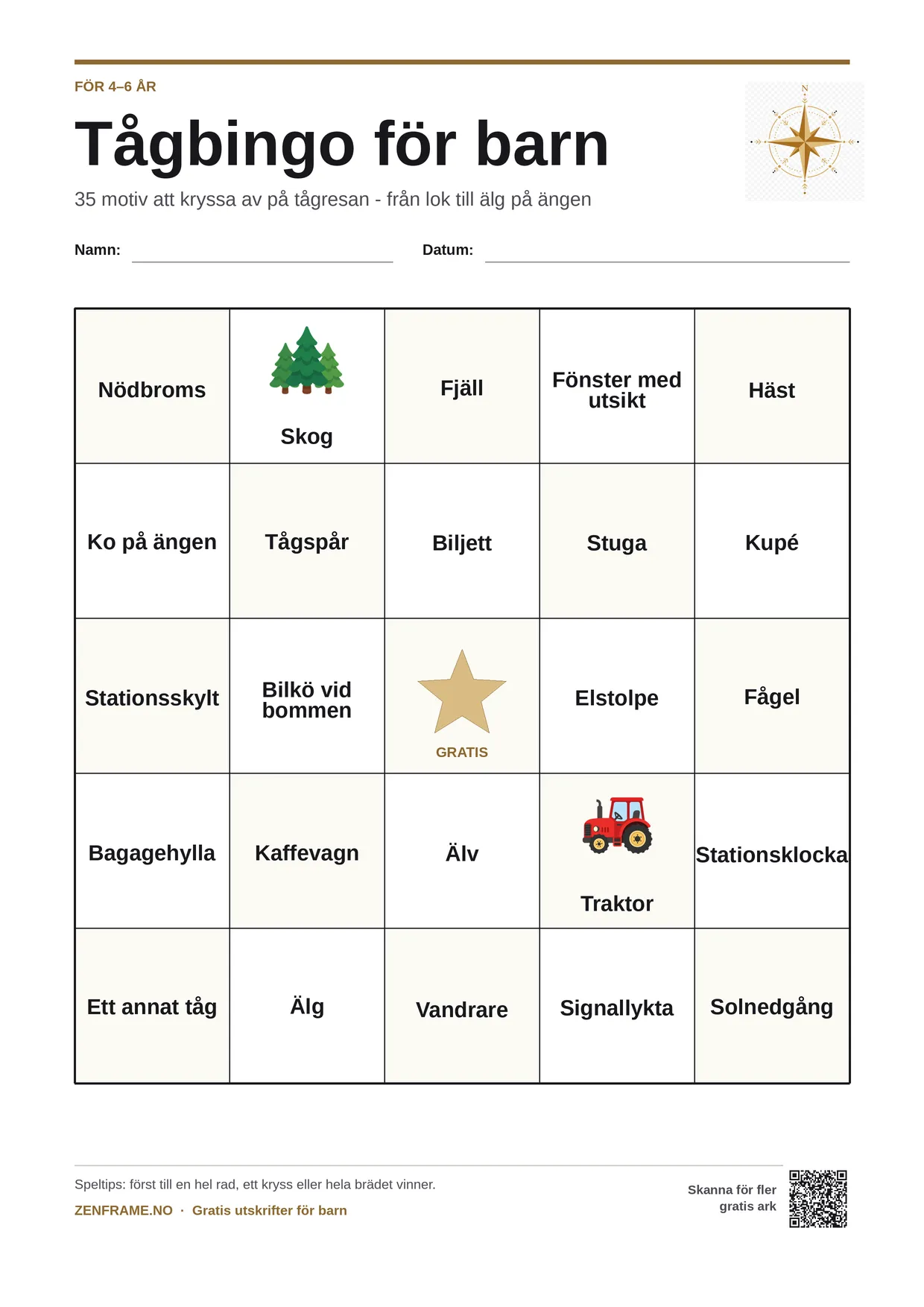 Tågbingo för barn 4–6 år – gratis utskrivbart A4-bräde
