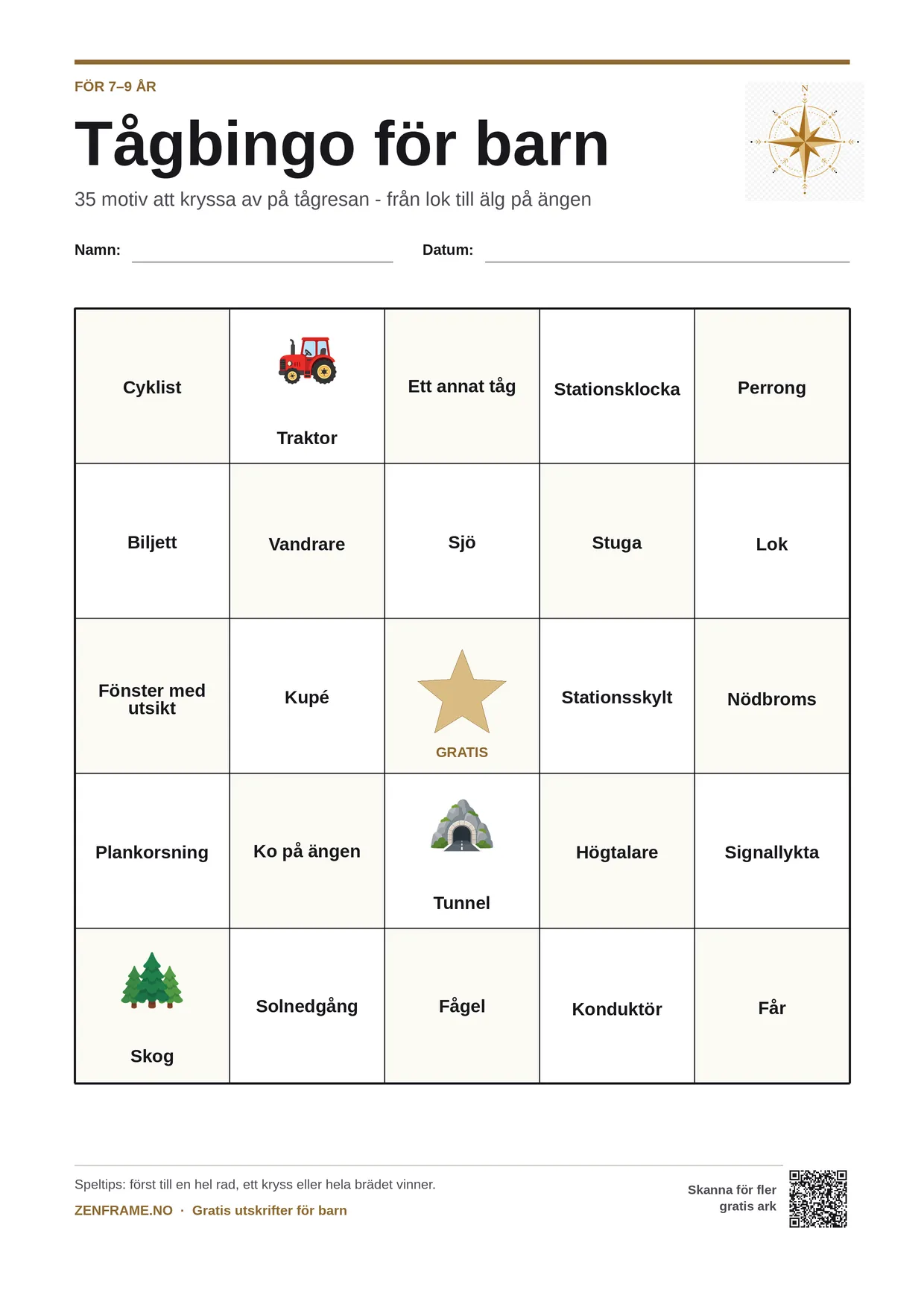 Tågbingo för barn 7–9 år – gratis utskrivbart A4-bräde