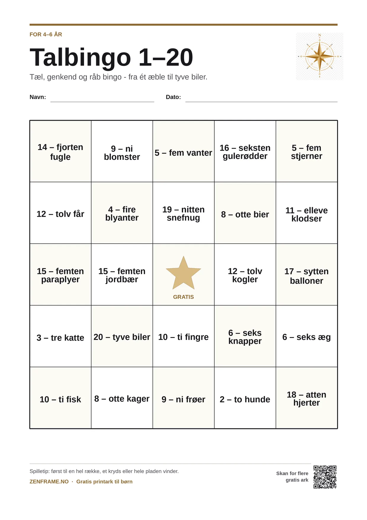 Talbingo 1–20 for børn 4–6 år – gratis printbar A4-plade